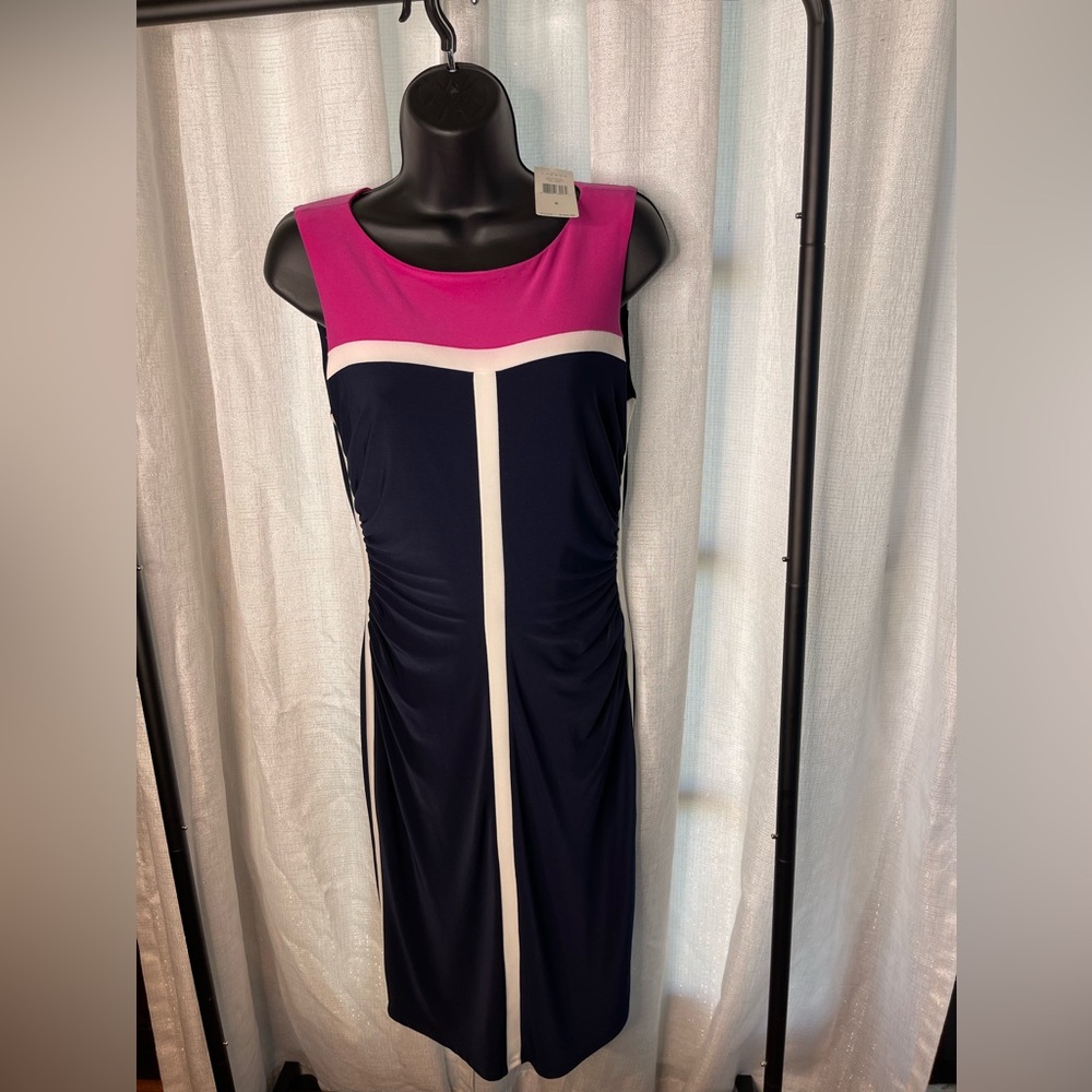 Ralph Lauren Navy Blue and Pink Sleeveless Stretch Sheath Dress